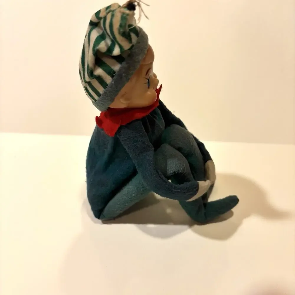 Vintage 7” Japan Knee Hugger Elf w/ Green Striped Hat And Jingle Bell